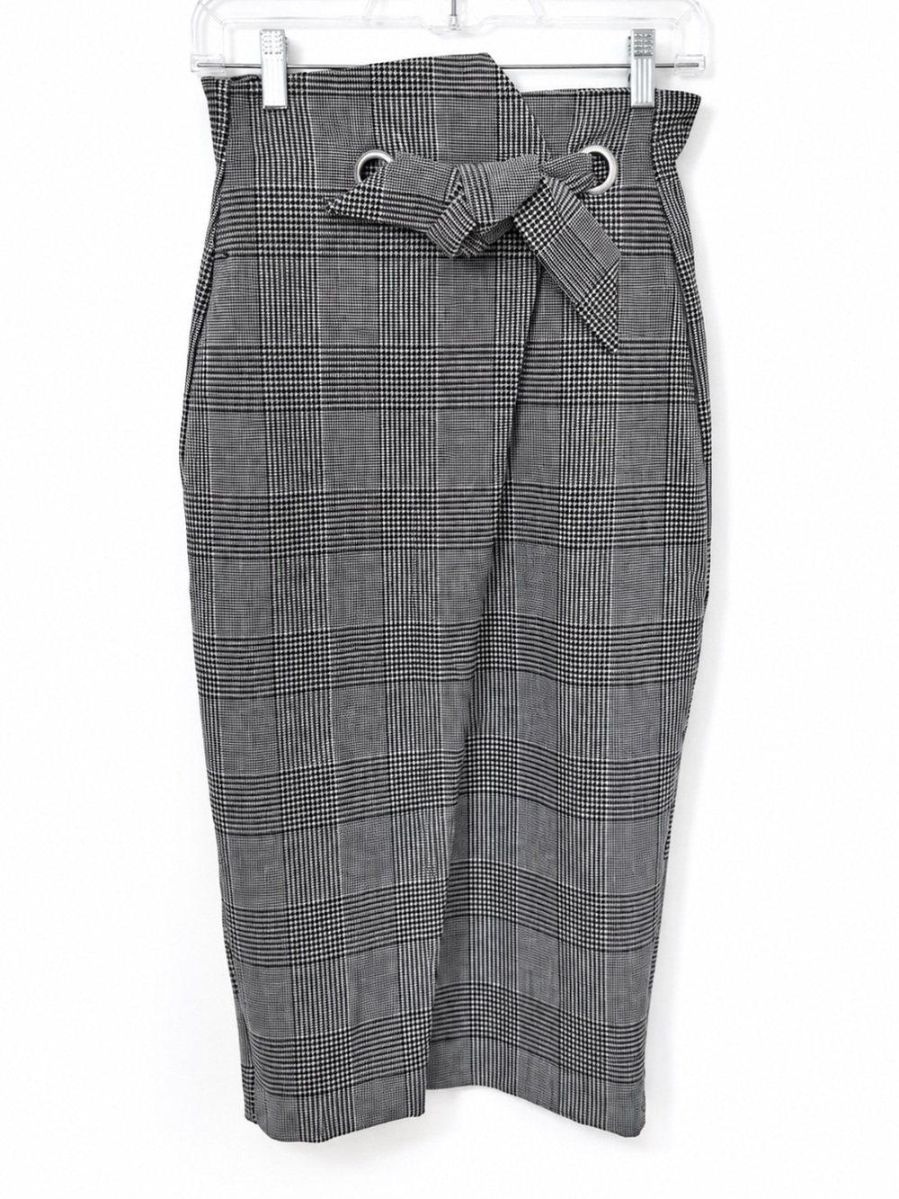 High-Waist Plaid Pencil Skirt with Tie Belt
